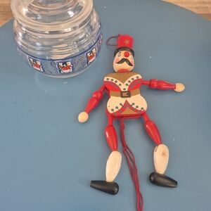 Holiday Set Glass Jar/vtg. Red Wooden Solider Pull String Ornament Decor Holiday